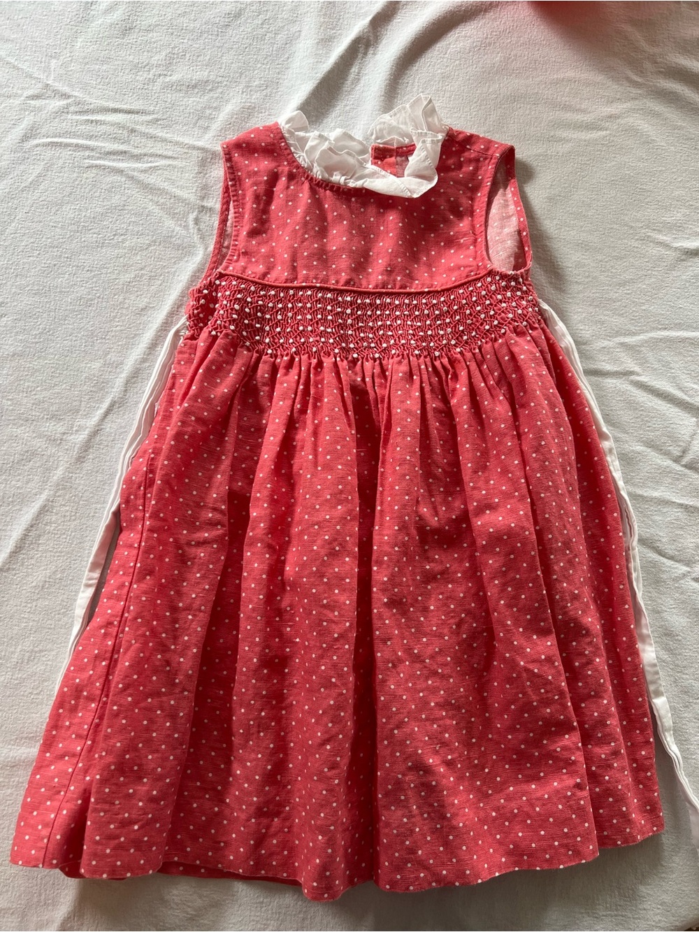 Edgehill Collection Red Polka Dot Smocked Dress with White Ruffle Collar